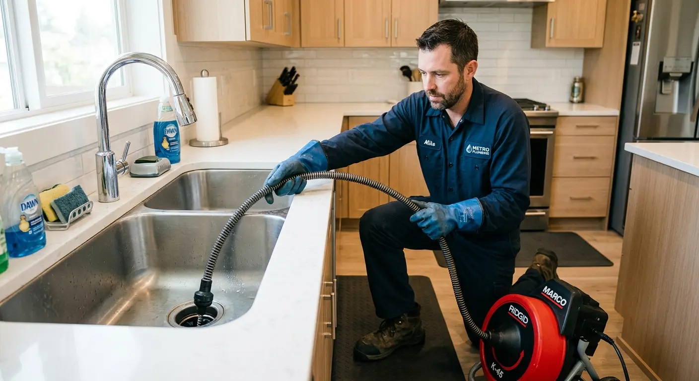 Drain cleaning technician using a motorized snake on a kitchen sink in Douglasville