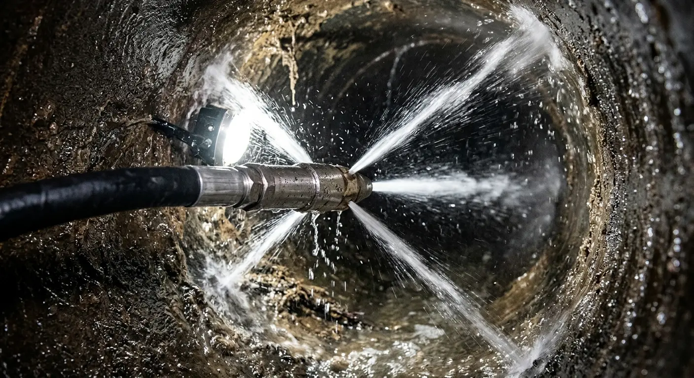 High-pressure hydro jetting nozzle cleaning sewer pipe for Emergency Drain Service in Douglasville