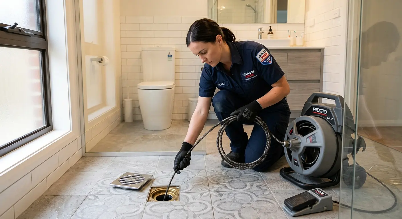 Technician clearing a bathroom floor drain for Drain Repair in Douglasville